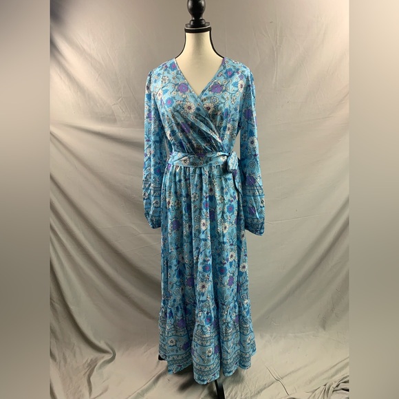 Floral Print Lantern Sleeve Ruffle Hem Belted Dress - Picture 5 of 5